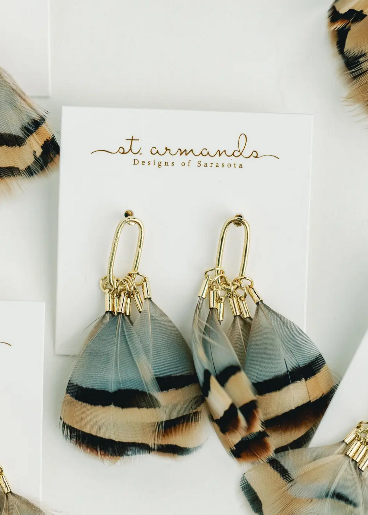 BROWN STRIPE FEATHER EARRINGS