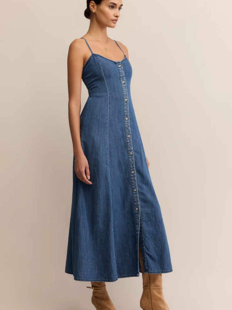 Z SUPPLY ANGEL EYES DENIM DRESS IN MEDIUM INDIGO