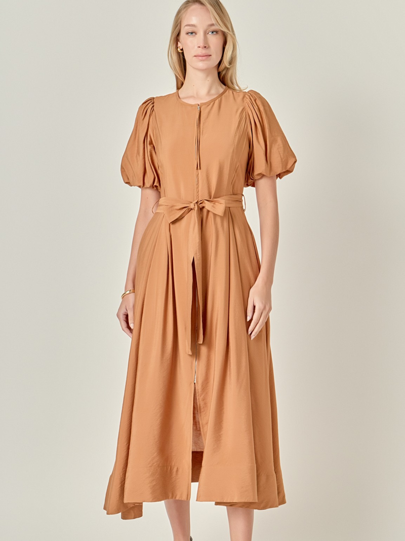 HERITAGE CAMEL COLORED ZIP FRONT WAIST TIE DRESS WITH PUFF SLEEVES