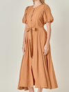 HERITAGE CAMEL COLORED ZIP FRONT WAIST TIE DRESS WITH PUFF SLEEVES