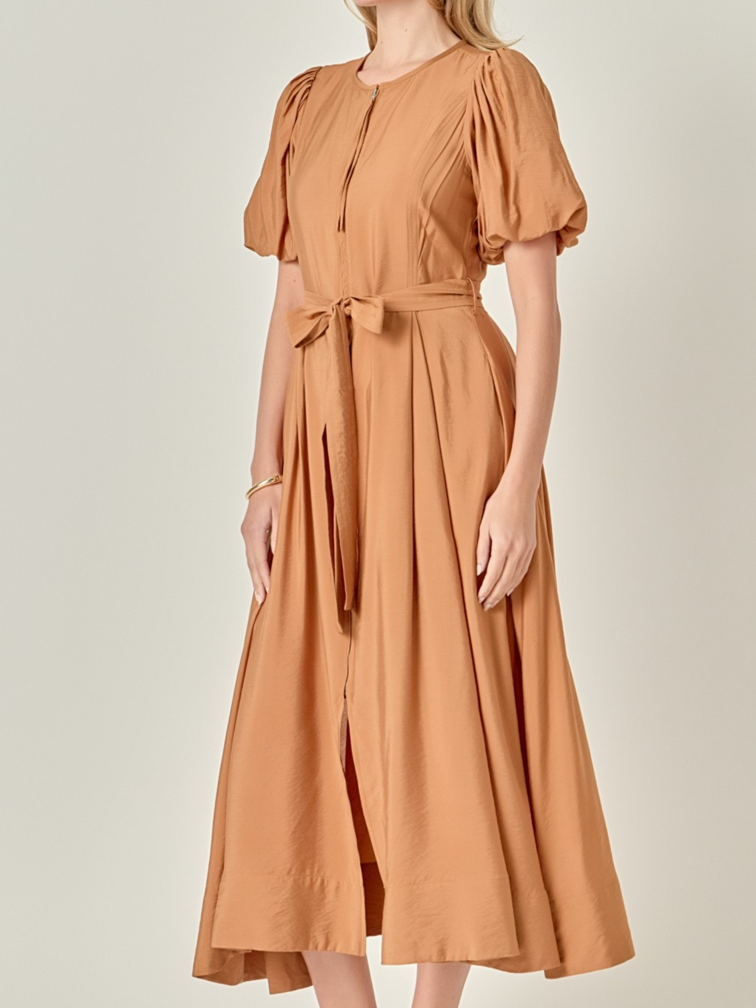HERITAGE CAMEL COLORED ZIP FRONT WAIST TIE DRESS WITH PUFF SLEEVES