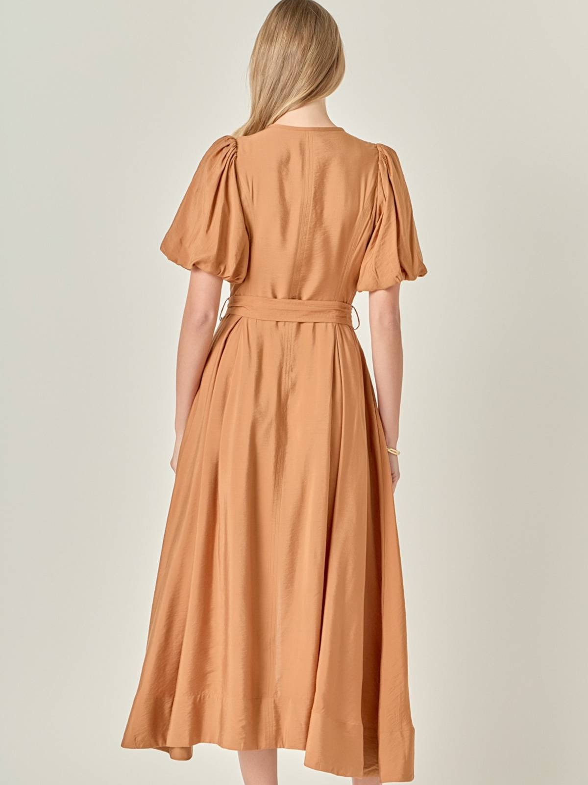 HERITAGE CAMEL COLORED ZIP FRONT WAIST TIE DRESS WITH PUFF SLEEVES