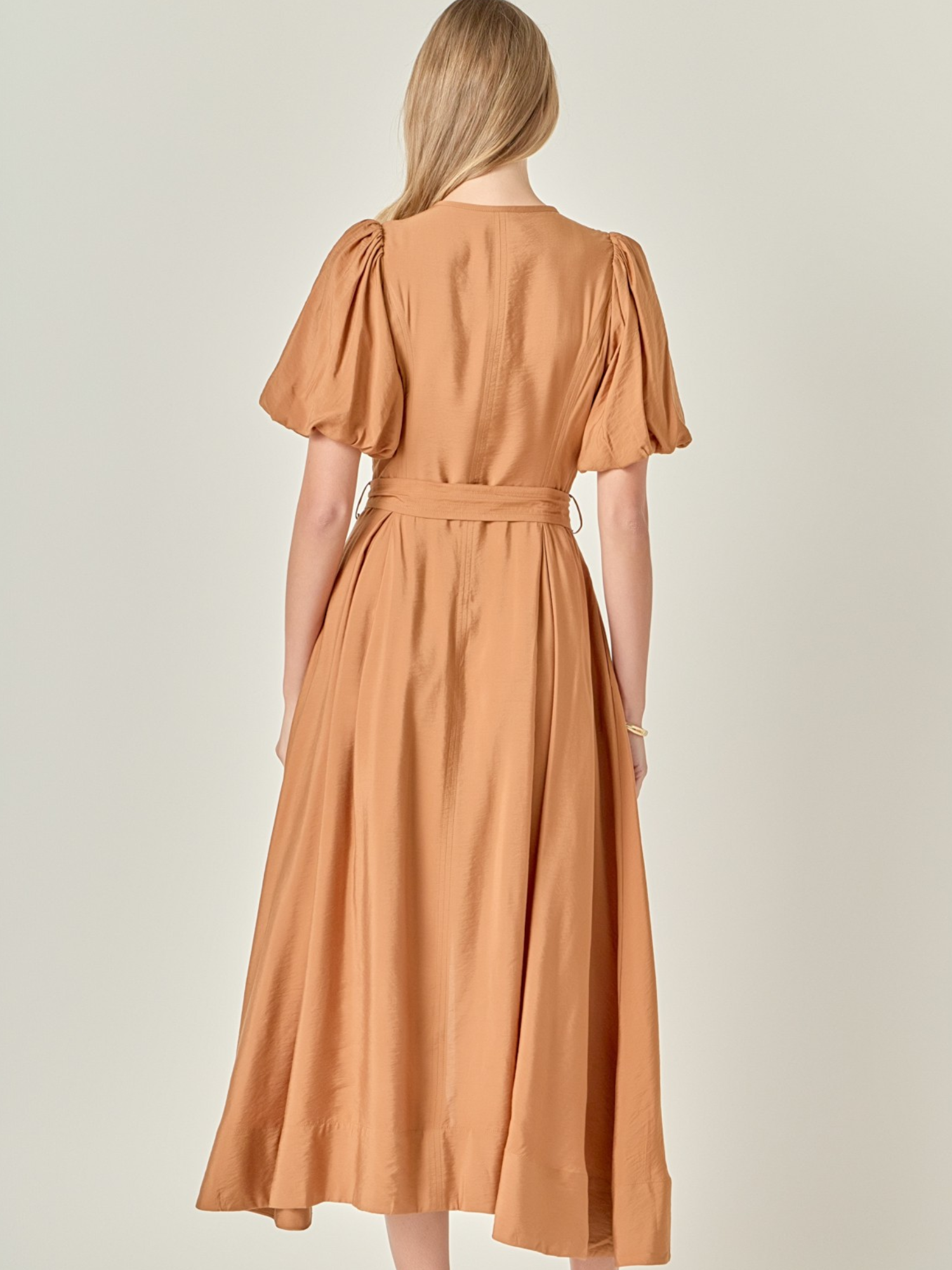 HERITAGE CAMEL COLORED ZIP FRONT WAIST TIE DRESS WITH PUFF SLEEVES