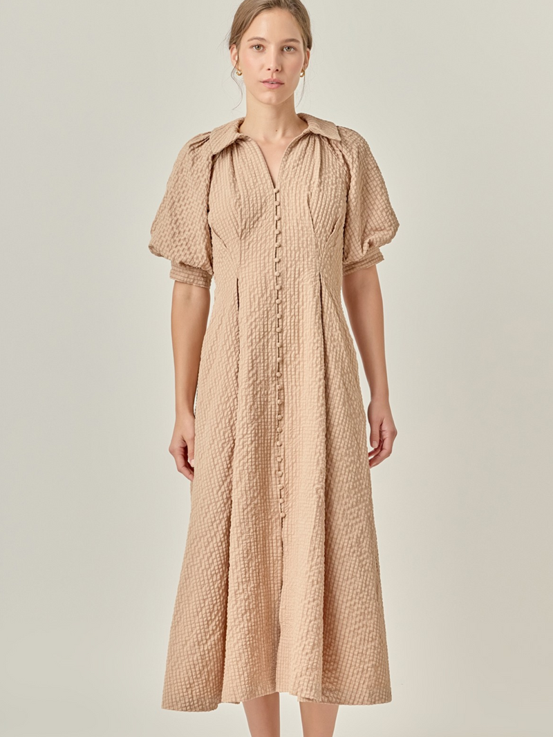 MATILDA MIDI DRESS RAGLAN PUFF SLEEVES BUTTON FRONT COLLAR