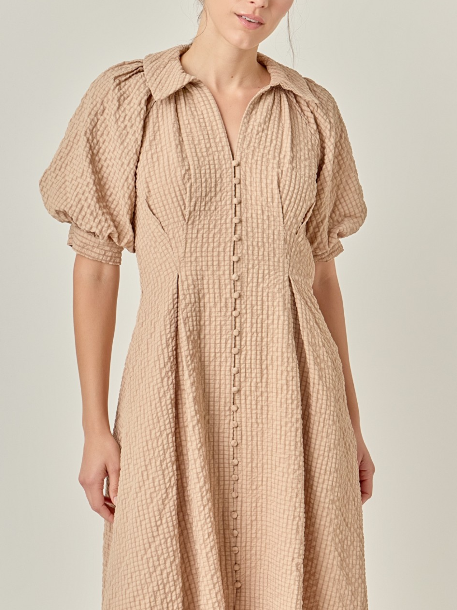 MATILDA MIDI DRESS RAGLAN PUFF SLEEVES BUTTON FRONT COLLAR